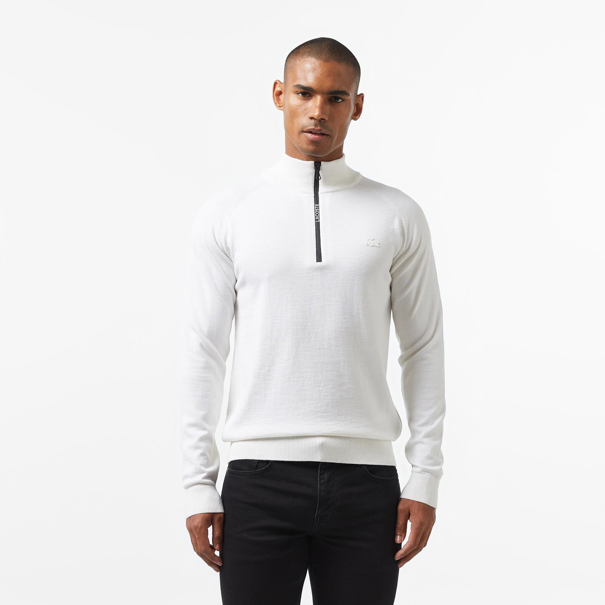 Erkek Regular Fit Yarım Fermuarlı Beyaz Triko