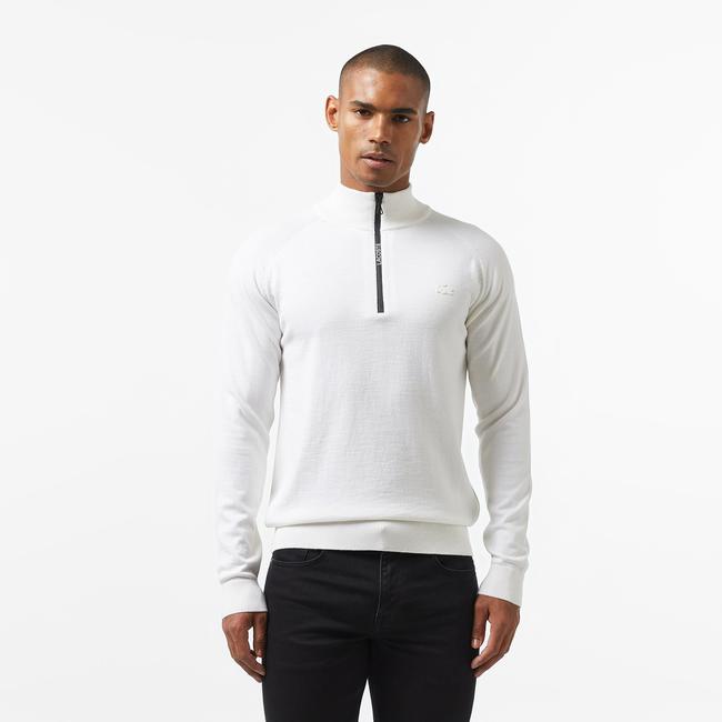  Erkek Regular Fit Yarım Fermuarlı Beyaz Triko