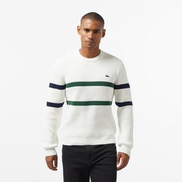  Erkek Relaxed Fit Bisiklet Yaka Çizgili Beyaz Kazak