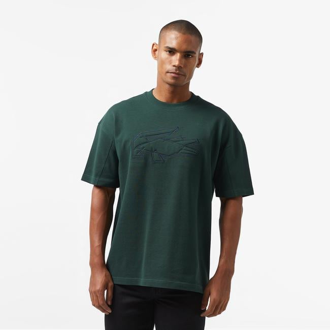  Erkek Oversize Fit Bisiklet Yaka Baskılı Koyu Yeşil T-Shirt