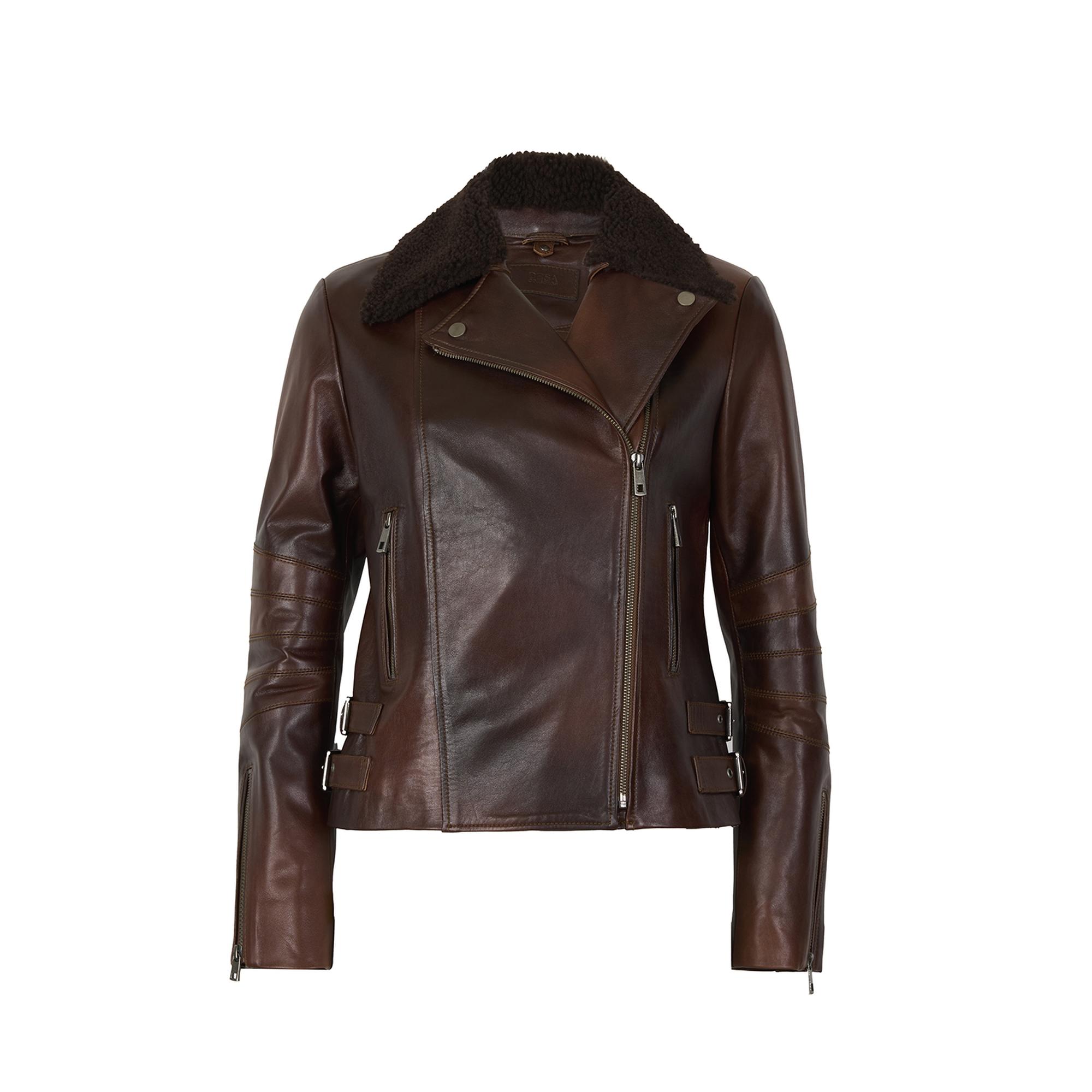 Klavine Kahve Kürk Yakalı Kadın Deri Ceket