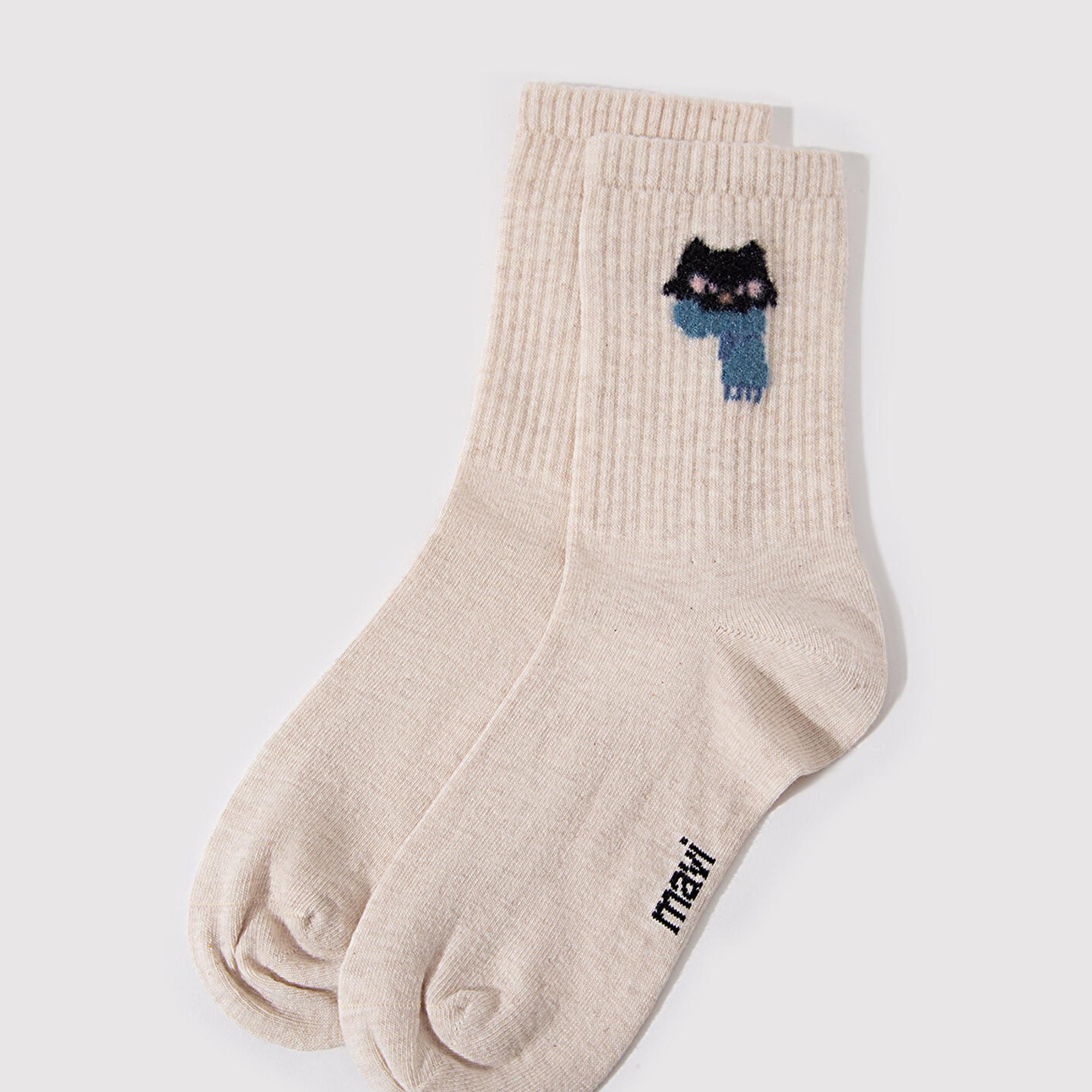 Mavi Kedi Baskılı Beyaz Soket Çorap 1912757-85929