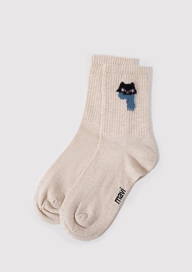  Mavi Kedi Baskılı Beyaz Soket Çorap 1912757-85929