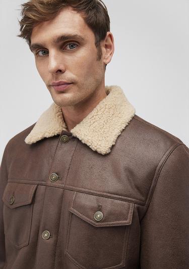  Mavi Suni Kürk Detaylı Kahverengi Suni Deri Ceket Regular Fit / Normal Kesim 0110460-71603