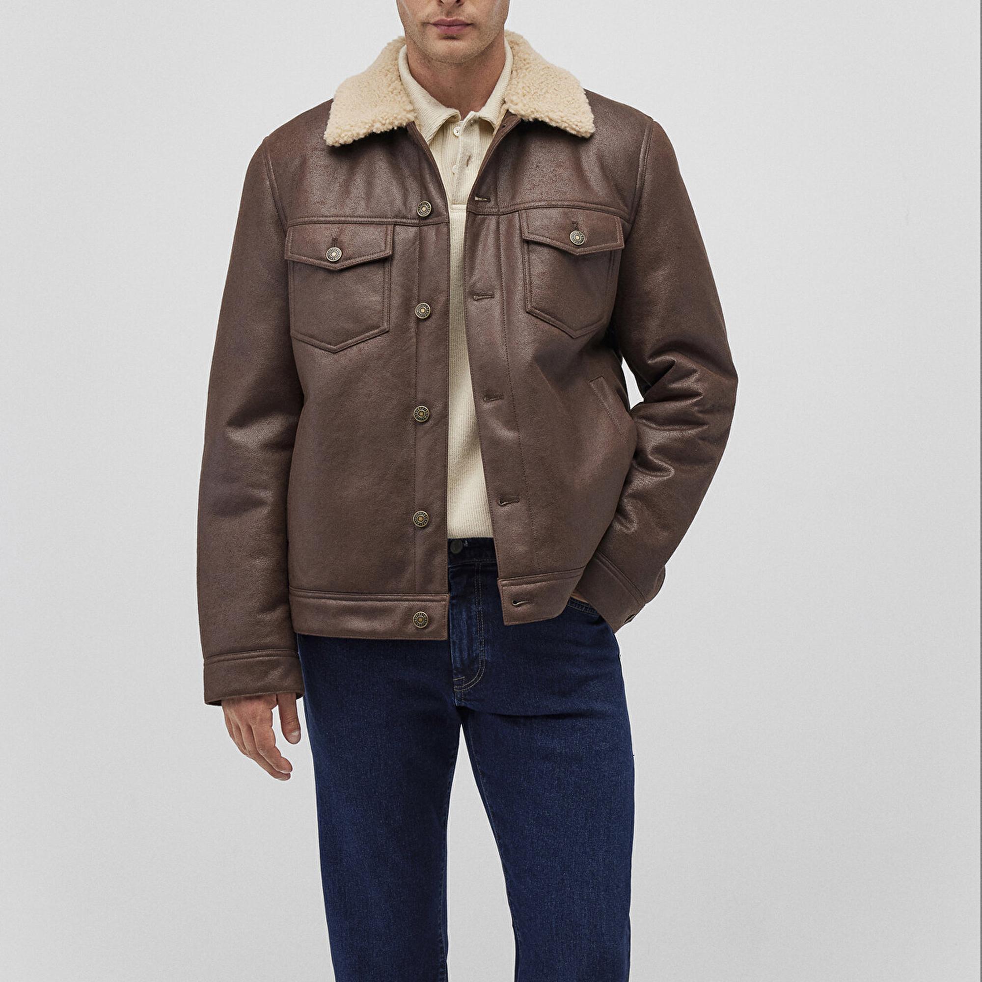 Mavi Suni Kürk Detaylı Kahverengi Suni Deri Ceket Regular Fit / Normal Kesim 0110460-71603