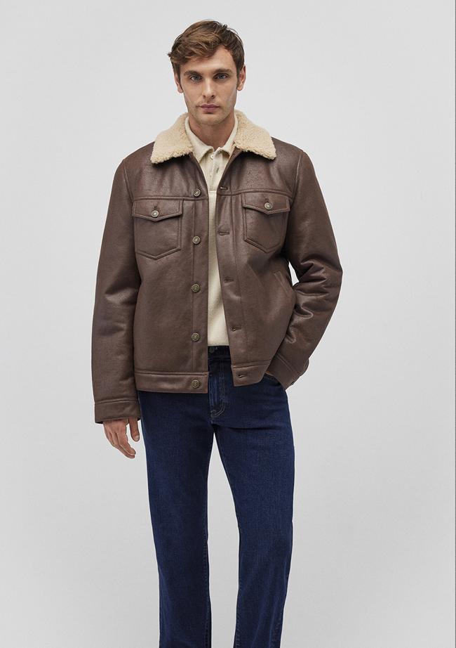  Mavi Suni Kürk Detaylı Kahverengi Suni Deri Ceket Regular Fit / Normal Kesim 0110460-71603