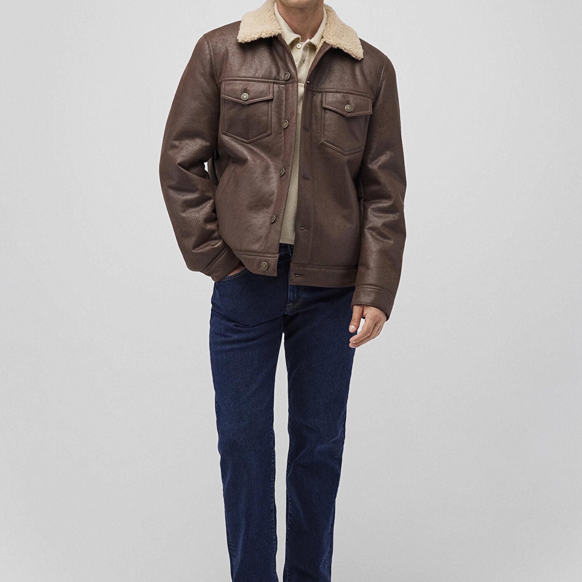 Mavi Suni Kürk Detaylı Kahverengi Suni Deri Ceket Regular Fit / Normal Kesim 0110460-71603