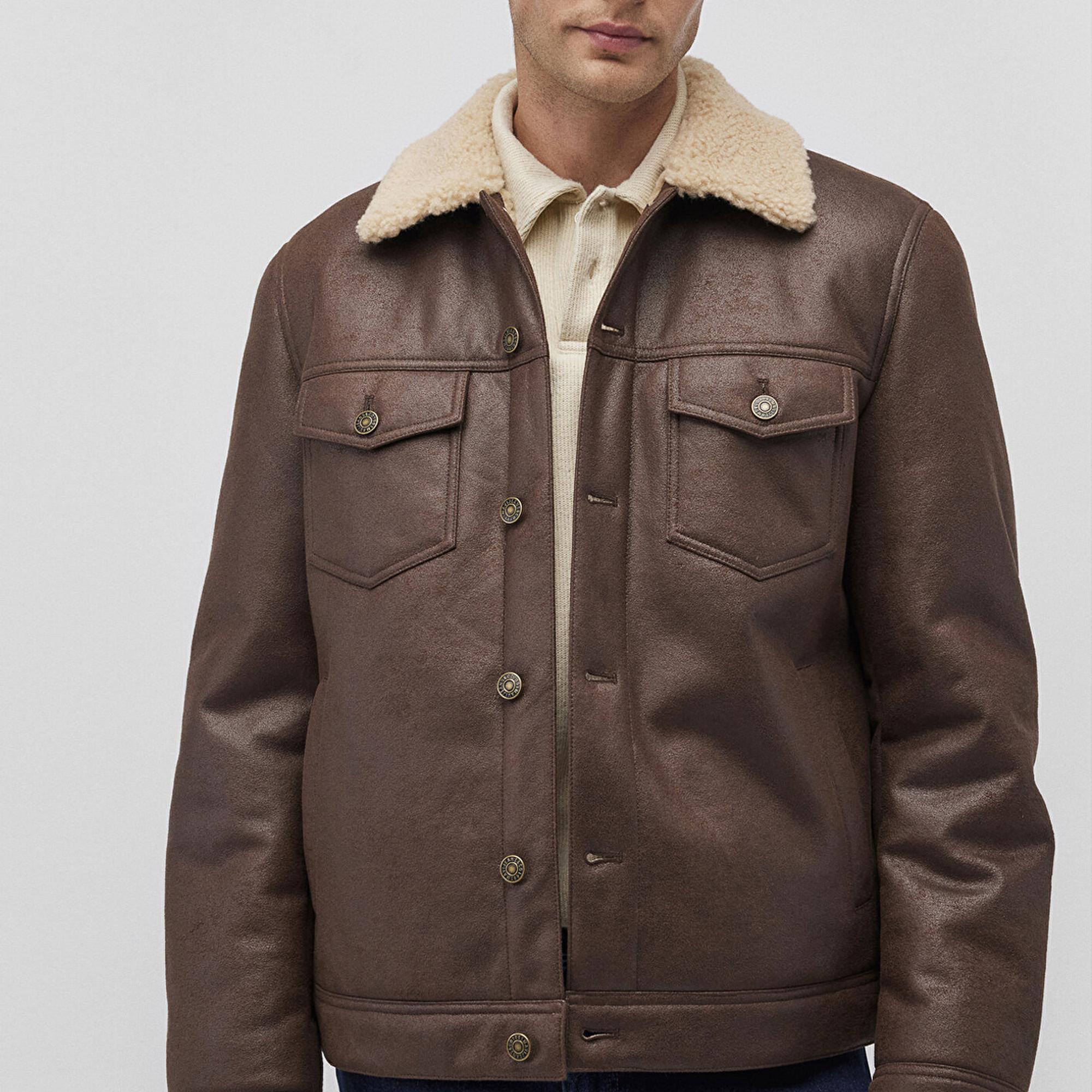 Mavi Suni Kürk Detaylı Kahverengi Suni Deri Ceket Regular Fit / Normal Kesim 0110460-71603