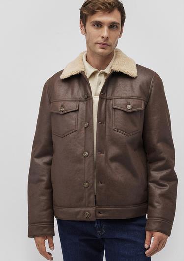 Mavi Suni Kürk Detaylı Kahverengi Suni Deri Ceket Regular Fit / Normal Kesim 0110460-71603