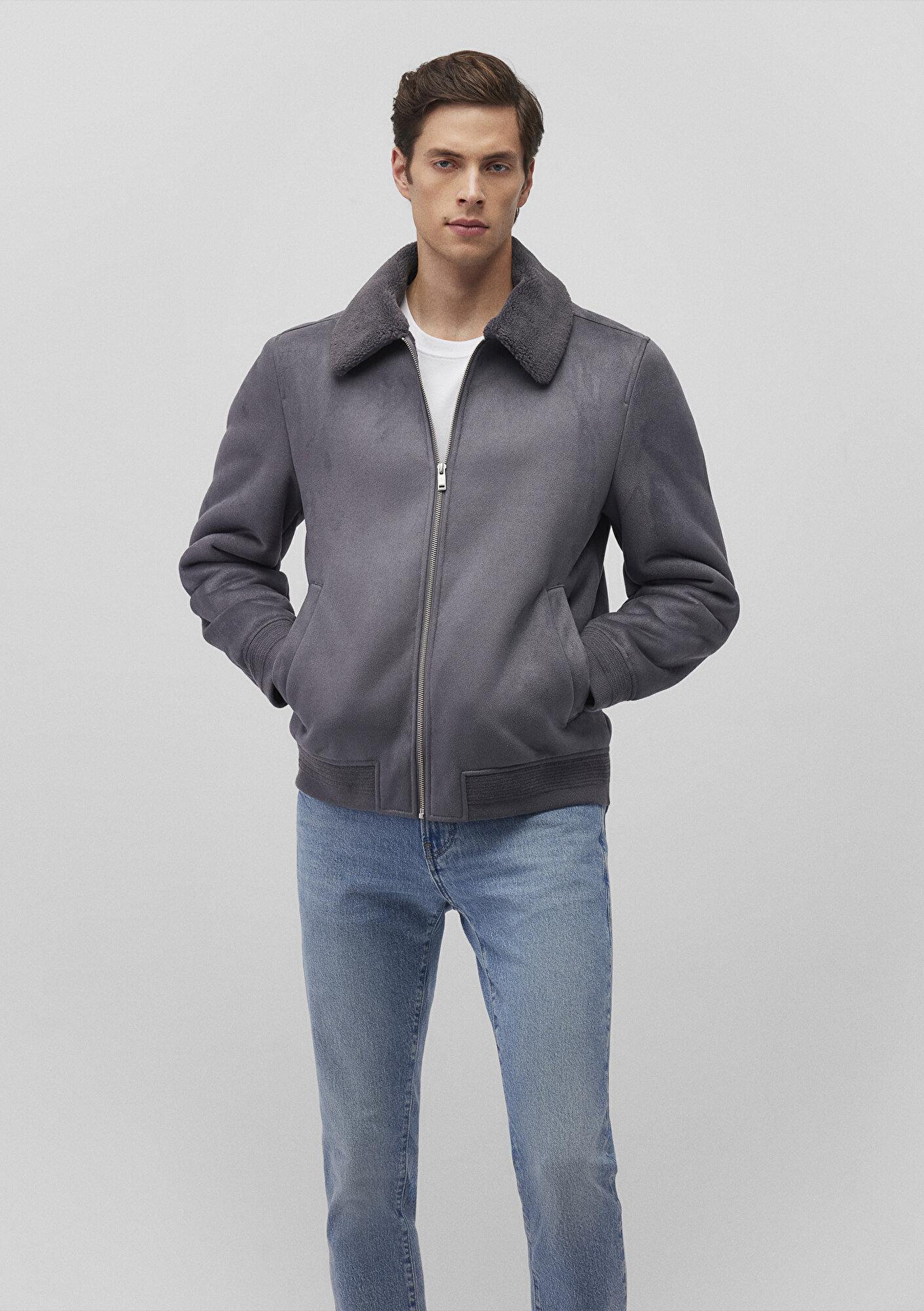  Mavi Suni Kürk Detaylı Gri Suni Süet Ceket Regular Fit / Normal Kesim 0110450-80776