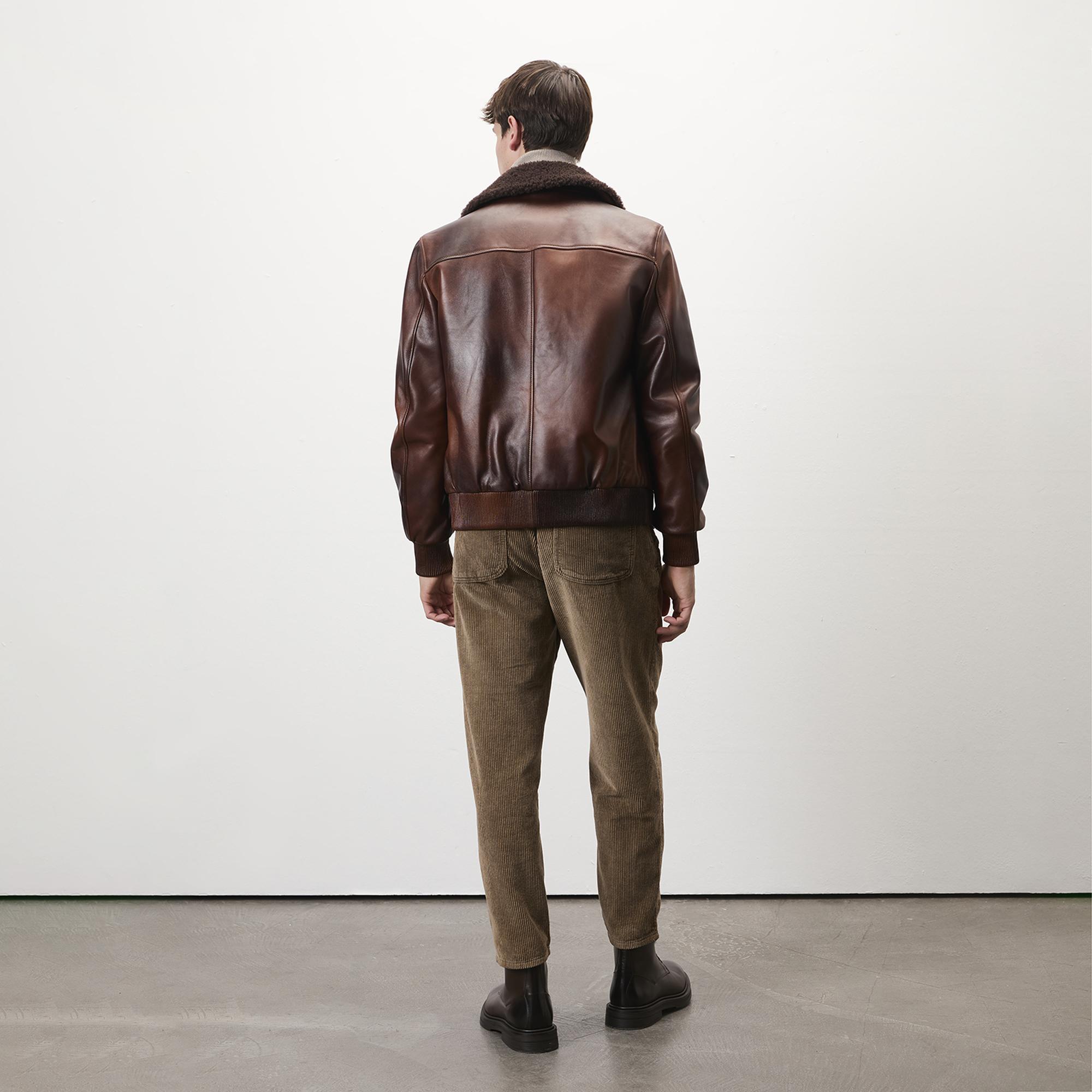 Safira Kahve Erkek Kürk Yakalı Deri Ceket