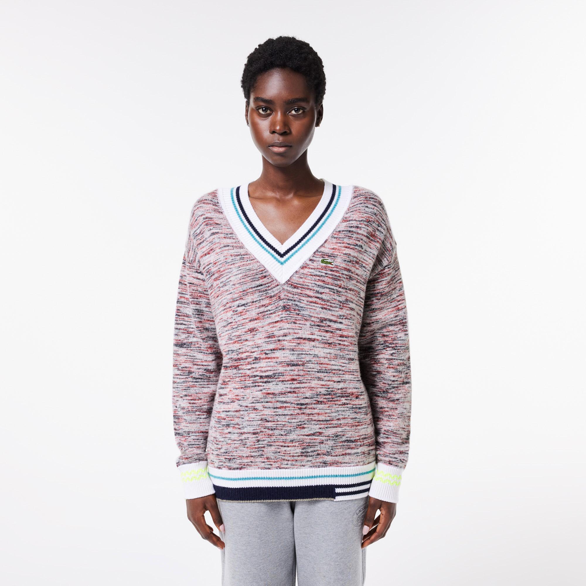 Lacoste Contrast Stripe V Neck Alpaga Sweater