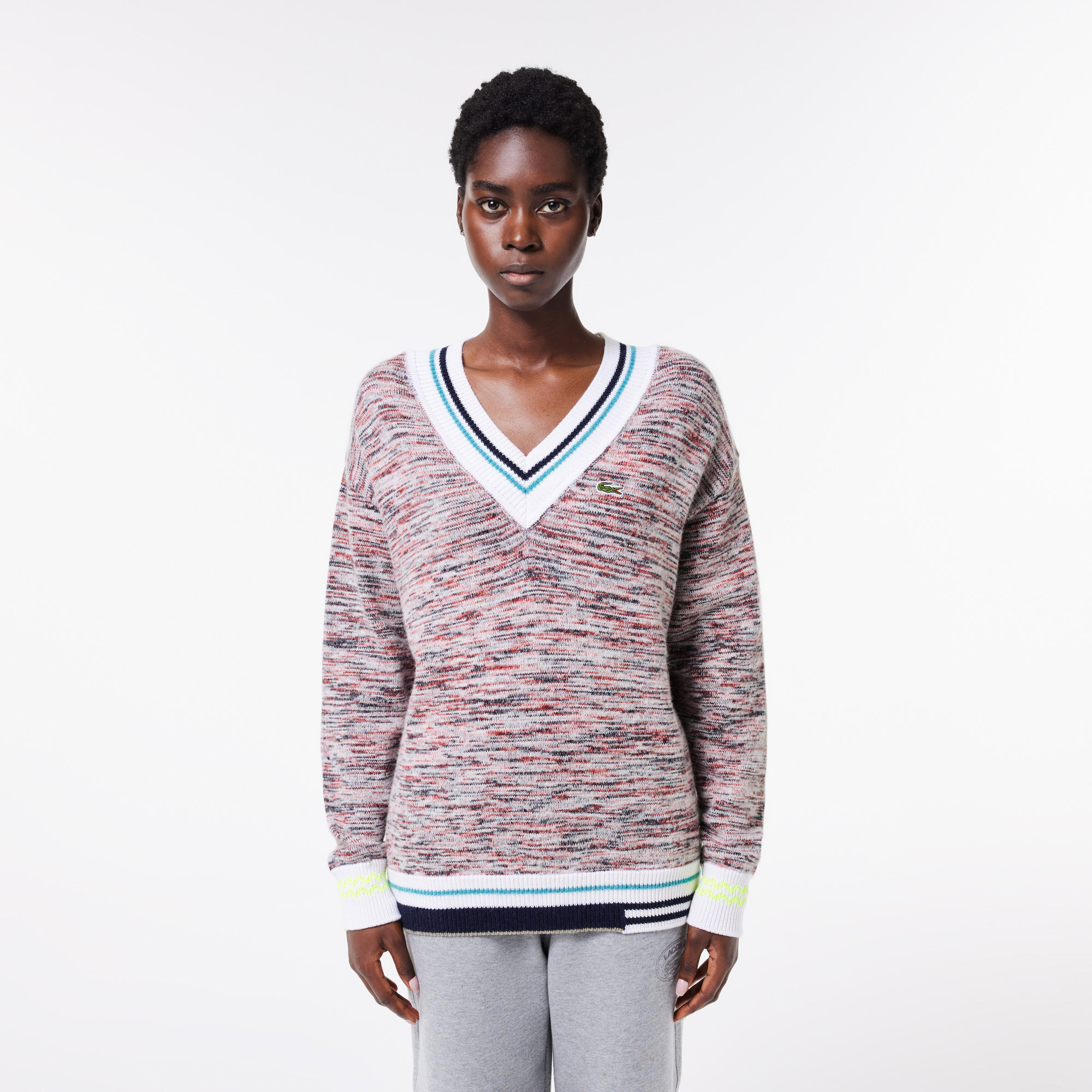  Lacoste Contrast Stripe V Neck Alpaga Sweater