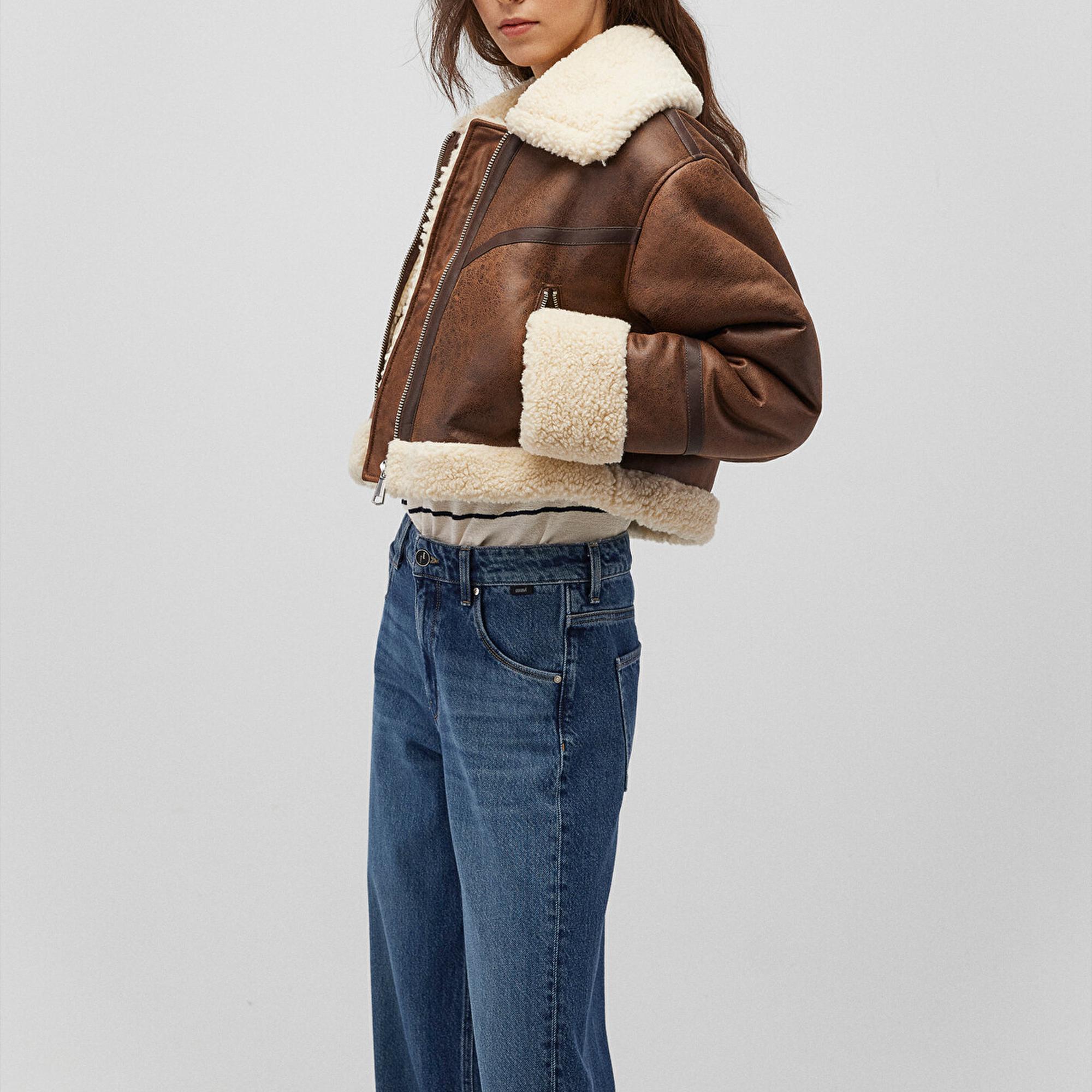 Mavi Suni Kürk Detaylı Kahverengi Suni Deri Ceket Regular Fit / Normal Kesim 1110462-87011