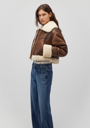  Mavi Suni Kürk Detaylı Kahverengi Suni Deri Ceket Regular Fit / Normal Kesim 1110462-87011