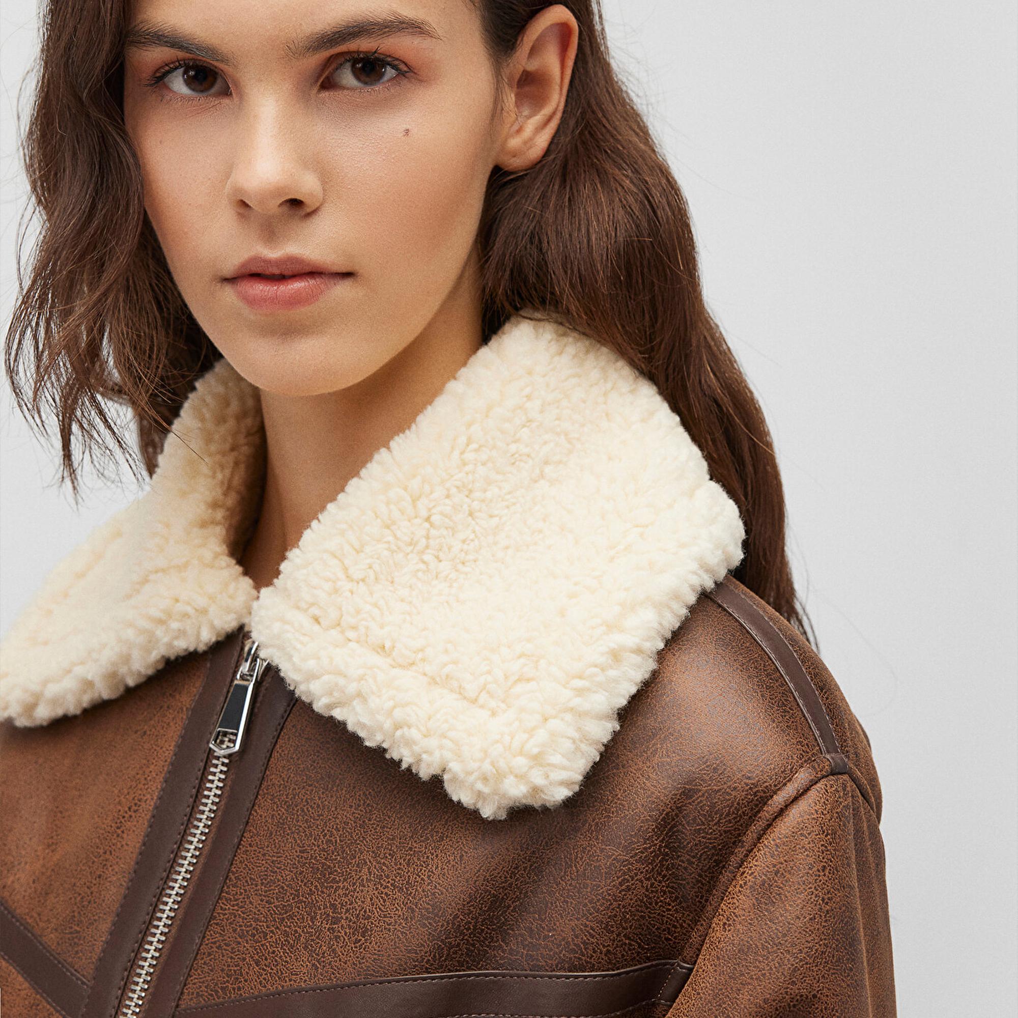 Mavi Suni Kürk Detaylı Kahverengi Suni Deri Ceket Regular Fit / Normal Kesim 1110462-87011