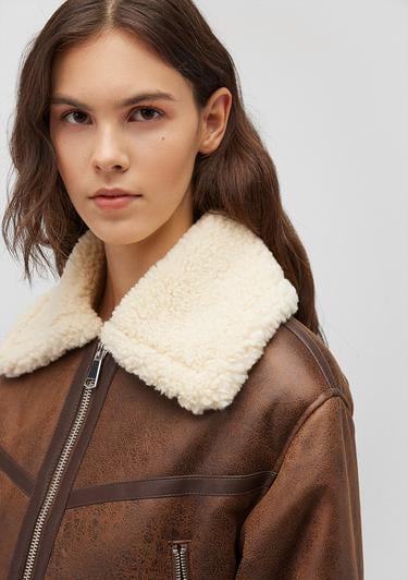  Mavi Suni Kürk Detaylı Kahverengi Suni Deri Ceket Regular Fit / Normal Kesim 1110462-87011