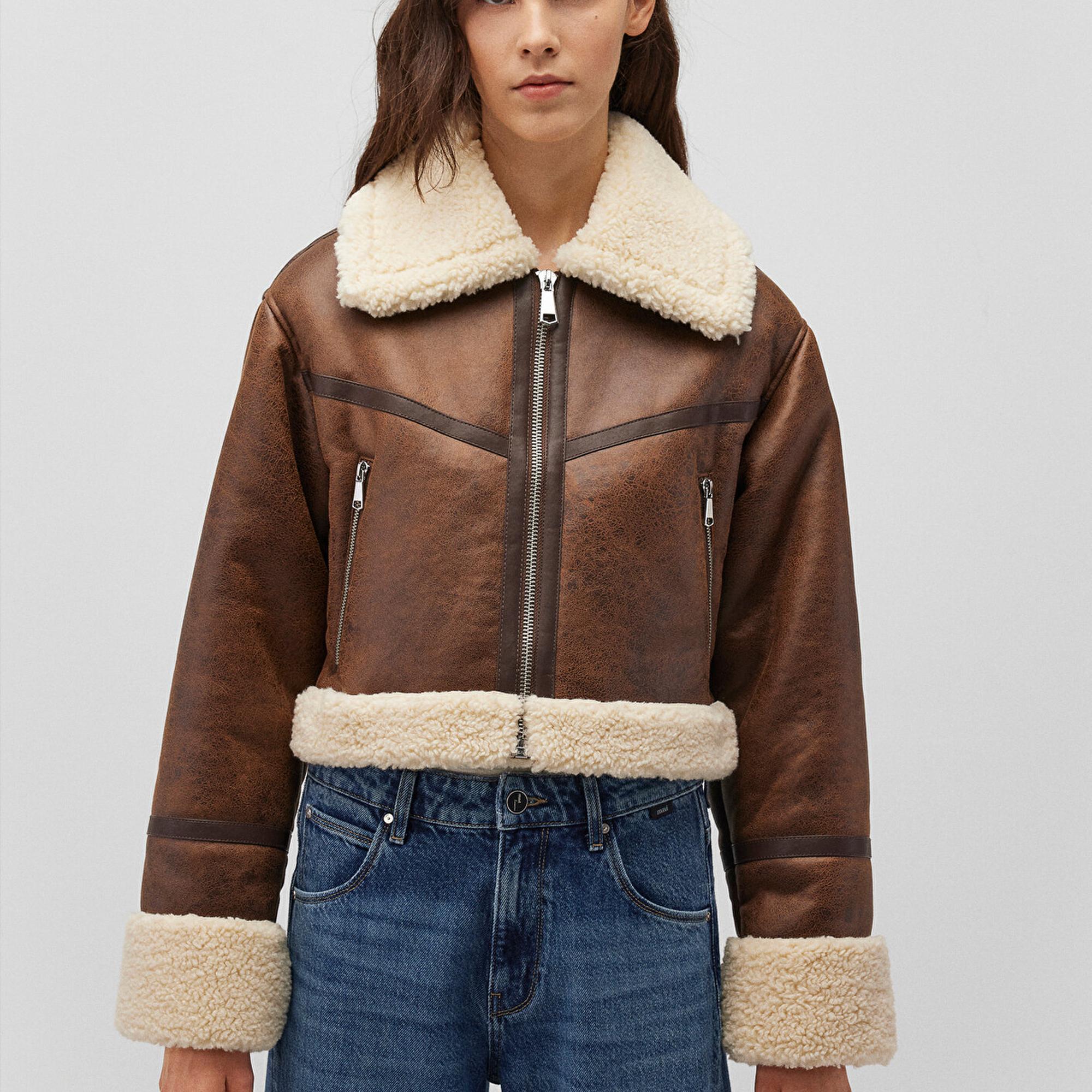 Mavi Suni Kürk Detaylı Kahverengi Suni Deri Ceket Regular Fit / Normal Kesim 1110462-87011