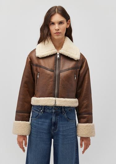  Mavi Suni Kürk Detaylı Kahverengi Suni Deri Ceket Regular Fit / Normal Kesim 1110462-87011