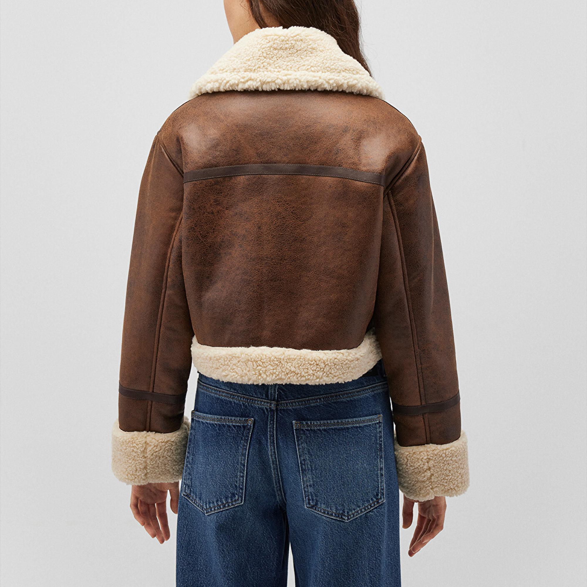 Mavi Suni Kürk Detaylı Kahverengi Suni Deri Ceket Regular Fit / Normal Kesim 1110462-87011