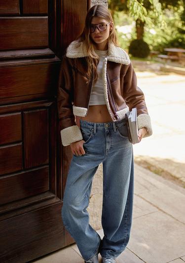  Mavi Suni Kürk Detaylı Kahverengi Suni Deri Ceket Regular Fit / Normal Kesim 1110462-87011