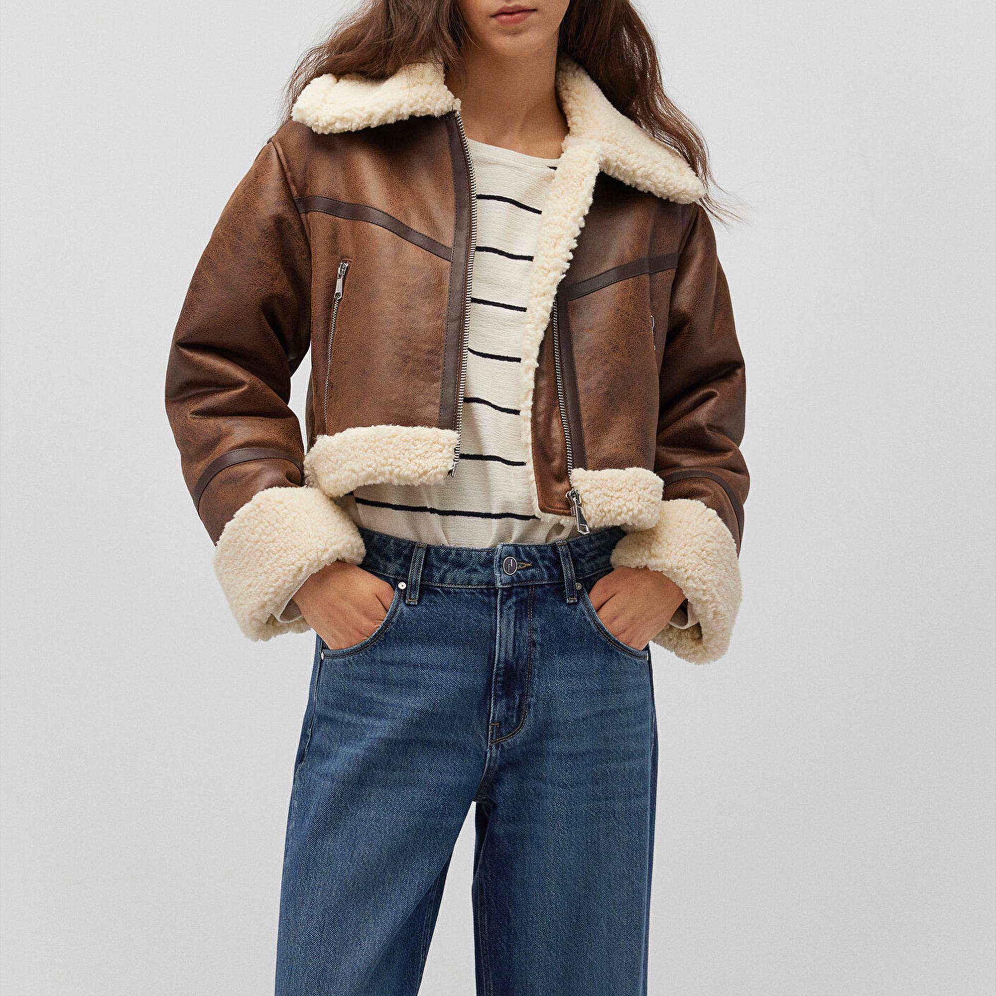 Mavi Suni Kürk Detaylı Kahverengi Suni Deri Ceket Regular Fit / Normal Kesim 1110462-87011