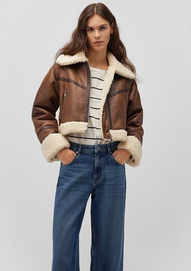  Mavi Suni Kürk Detaylı Kahverengi Suni Deri Ceket Regular Fit / Normal Kesim 1110462-87011