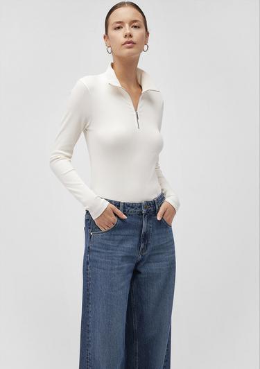  Mavi Yarı Fermuarlı Beyaz Tişört Fitted / Vücuda Oturan Kesim 1612869-80194