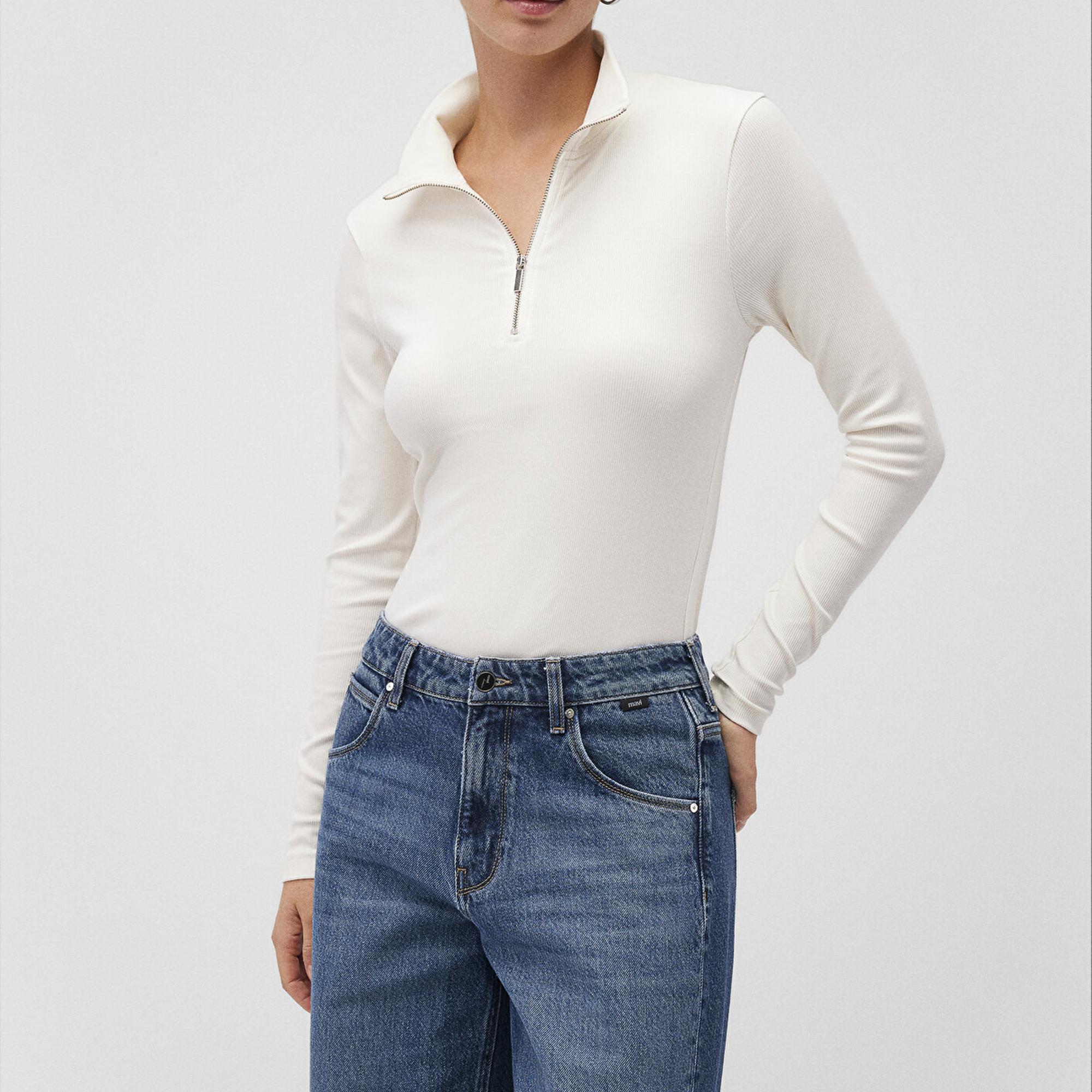 Mavi Yarı Fermuarlı Beyaz Tişört Fitted / Vücuda Oturan Kesim 1612869-80194