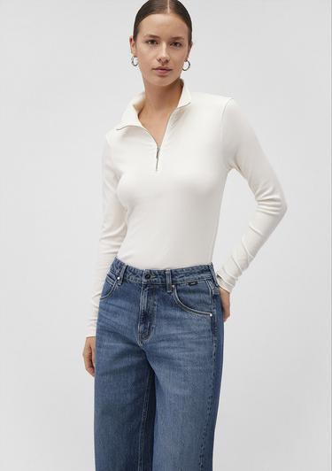  Mavi Yarı Fermuarlı Beyaz Tişört Fitted / Vücuda Oturan Kesim 1612869-80194