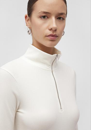  Mavi Yarı Fermuarlı Beyaz Tişört Fitted / Vücuda Oturan Kesim 1612869-80194