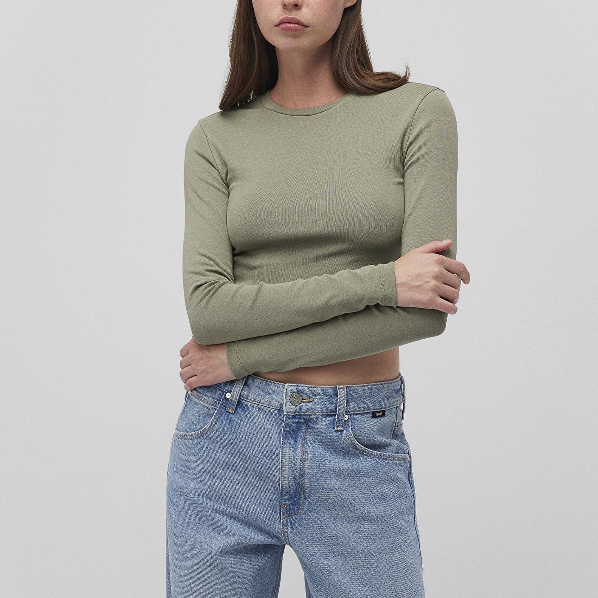 Mavi Uzun Kollu Haki Crop Basic Tişört Crop / Kısa Kesim 1612822-71818