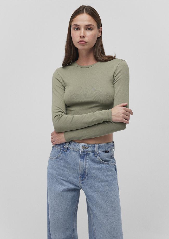  Mavi Uzun Kollu Haki Crop Basic Tişört Crop / Kısa Kesim 1612822-71818