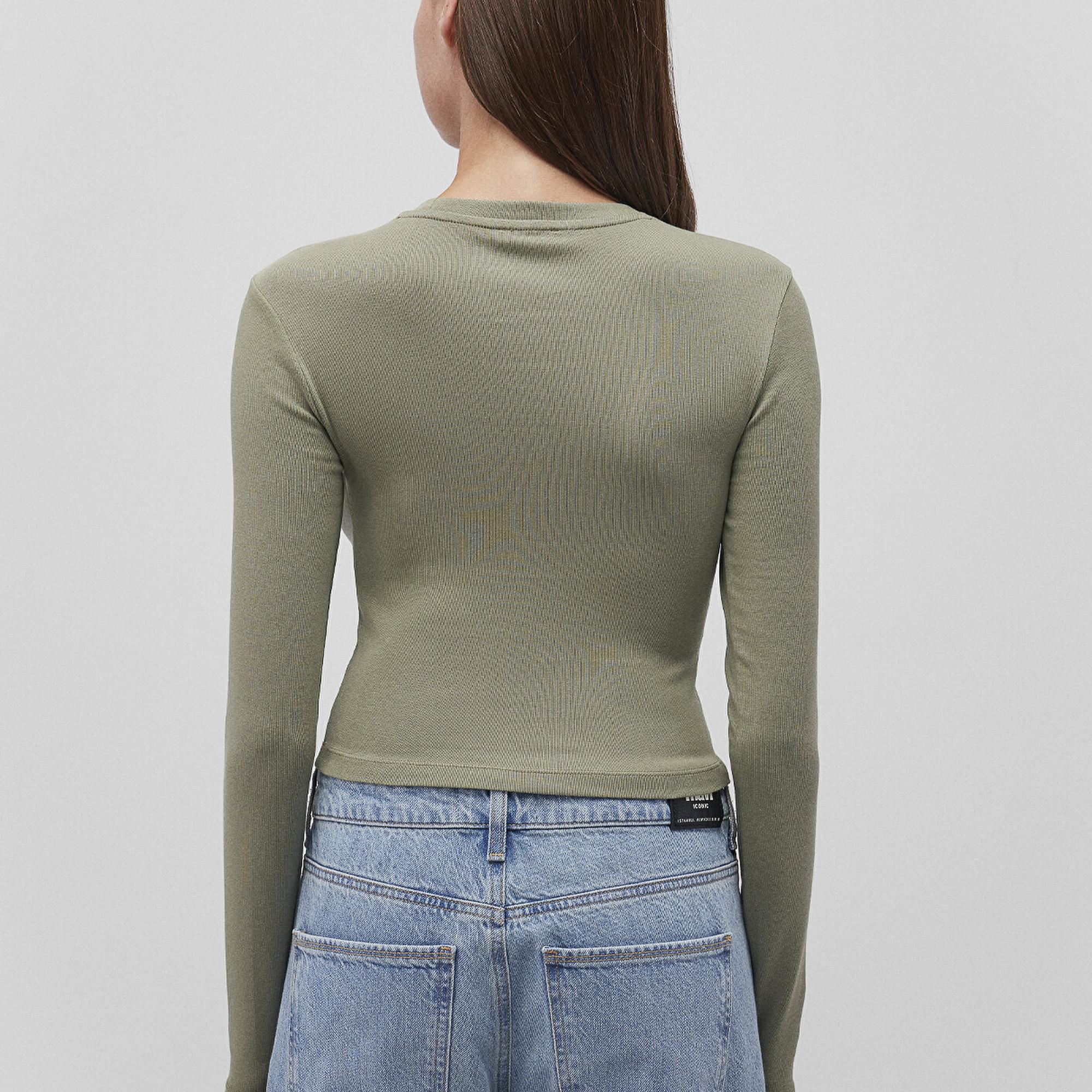 Mavi Uzun Kollu Haki Crop Basic Tişört Crop / Kısa Kesim 1612822-71818