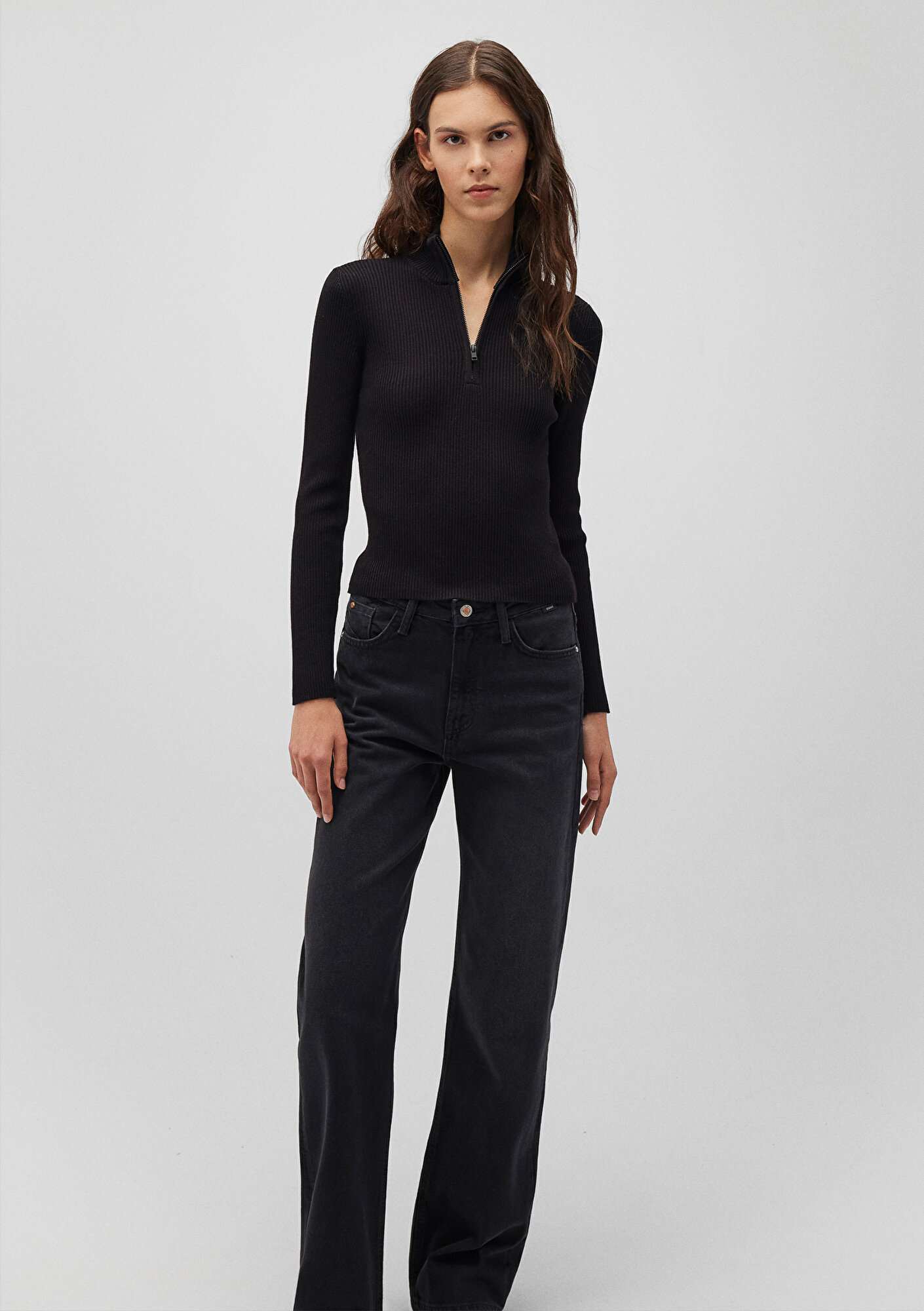  Mavi Yarı Fermuarlı Dik Yaka Siyah Kazak Fitted / Vücuda Oturan Kesim 1710519-900