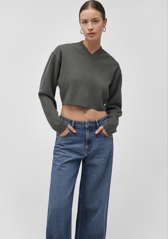  Mavi V Yaka Yeşil Kazak Crop / Kısa Kesim 1710512-87704