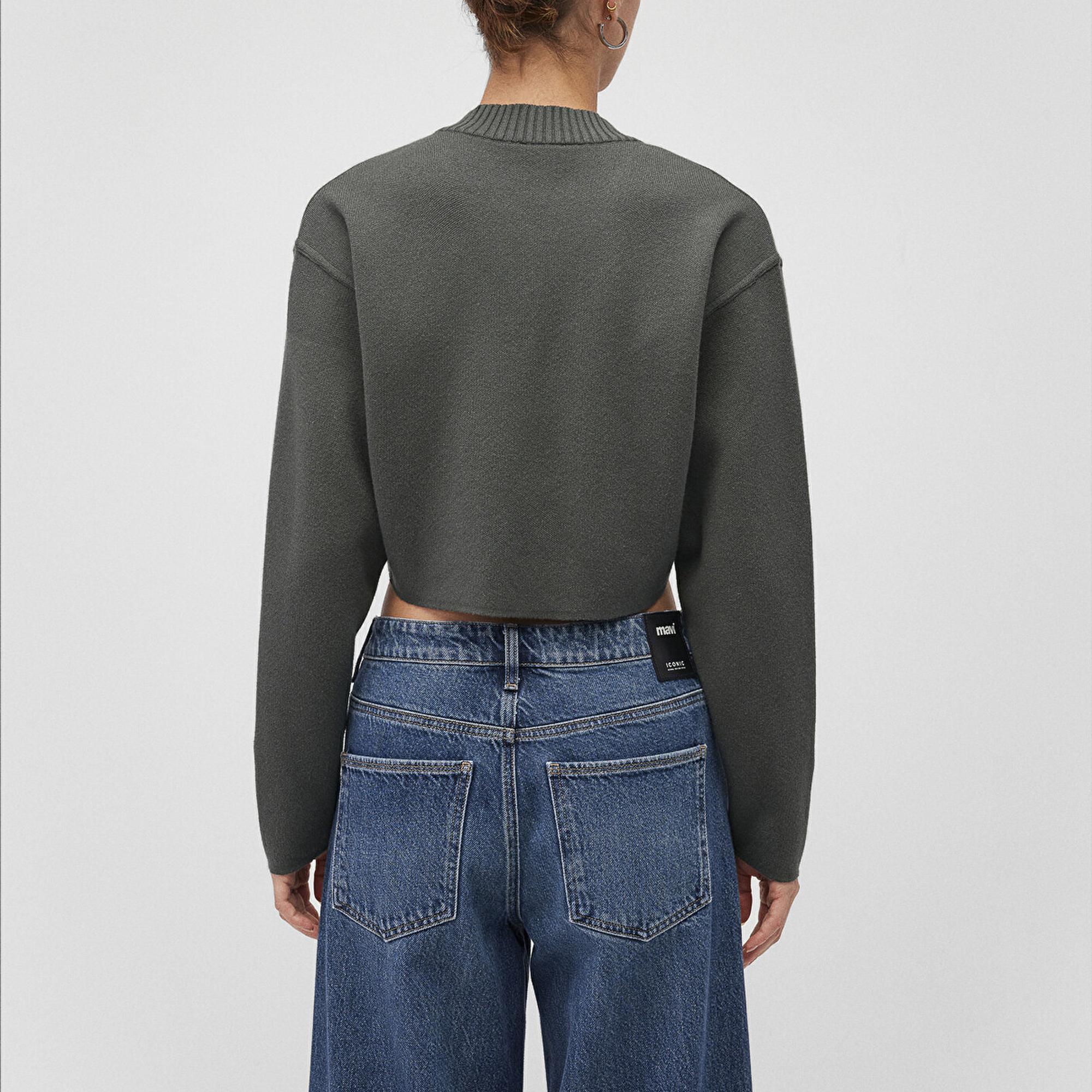 Mavi V Yaka Yeşil Kazak Crop / Kısa Kesim 1710512-87704