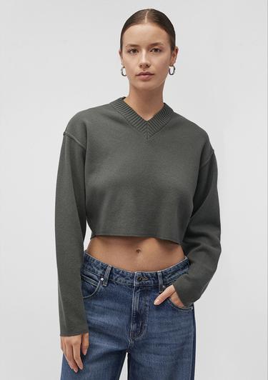  Mavi V Yaka Yeşil Kazak Crop / Kısa Kesim 1710512-87704