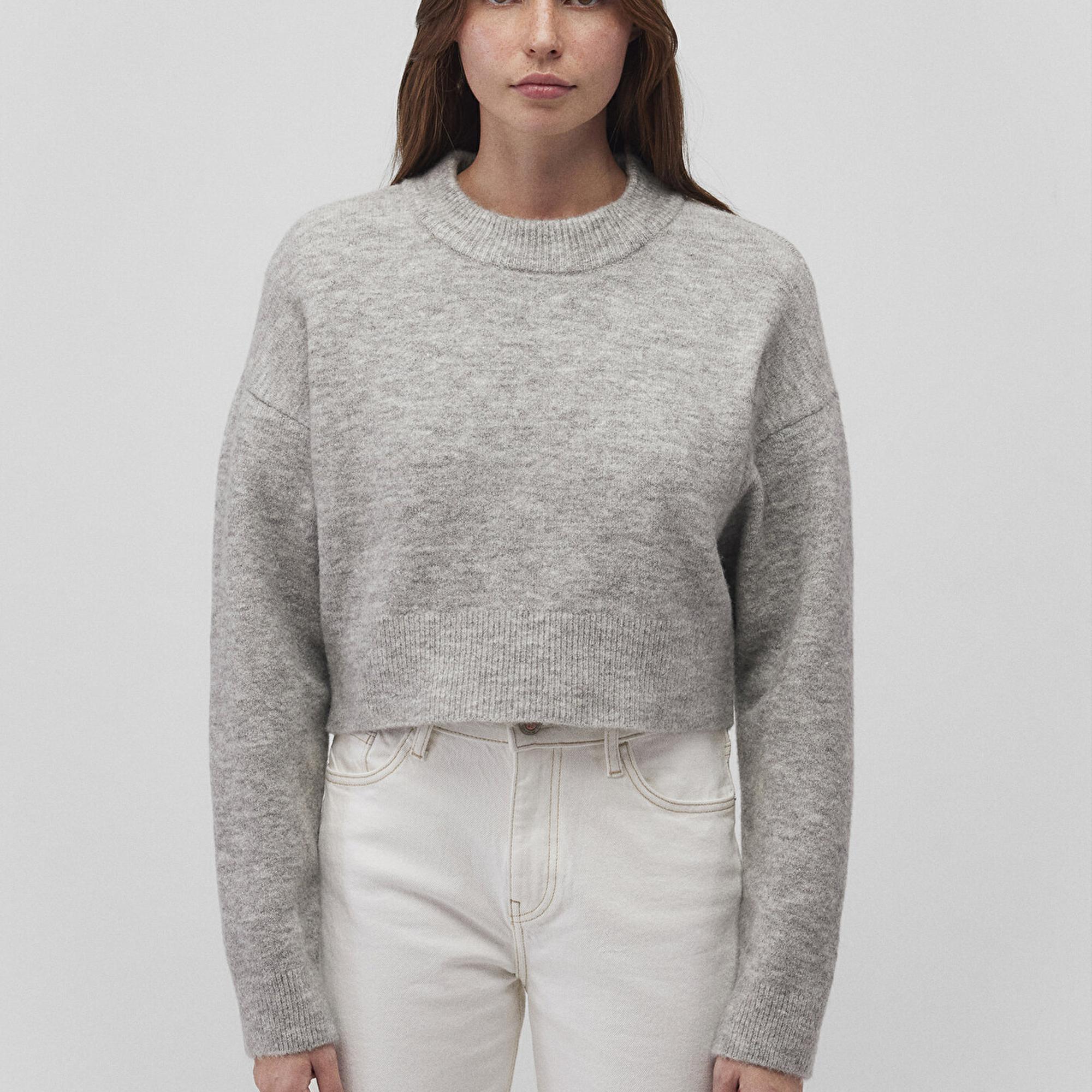 Mavi Bisiklet Yaka Gri Kazak Crop / Kısa Kesim 1710496-83096