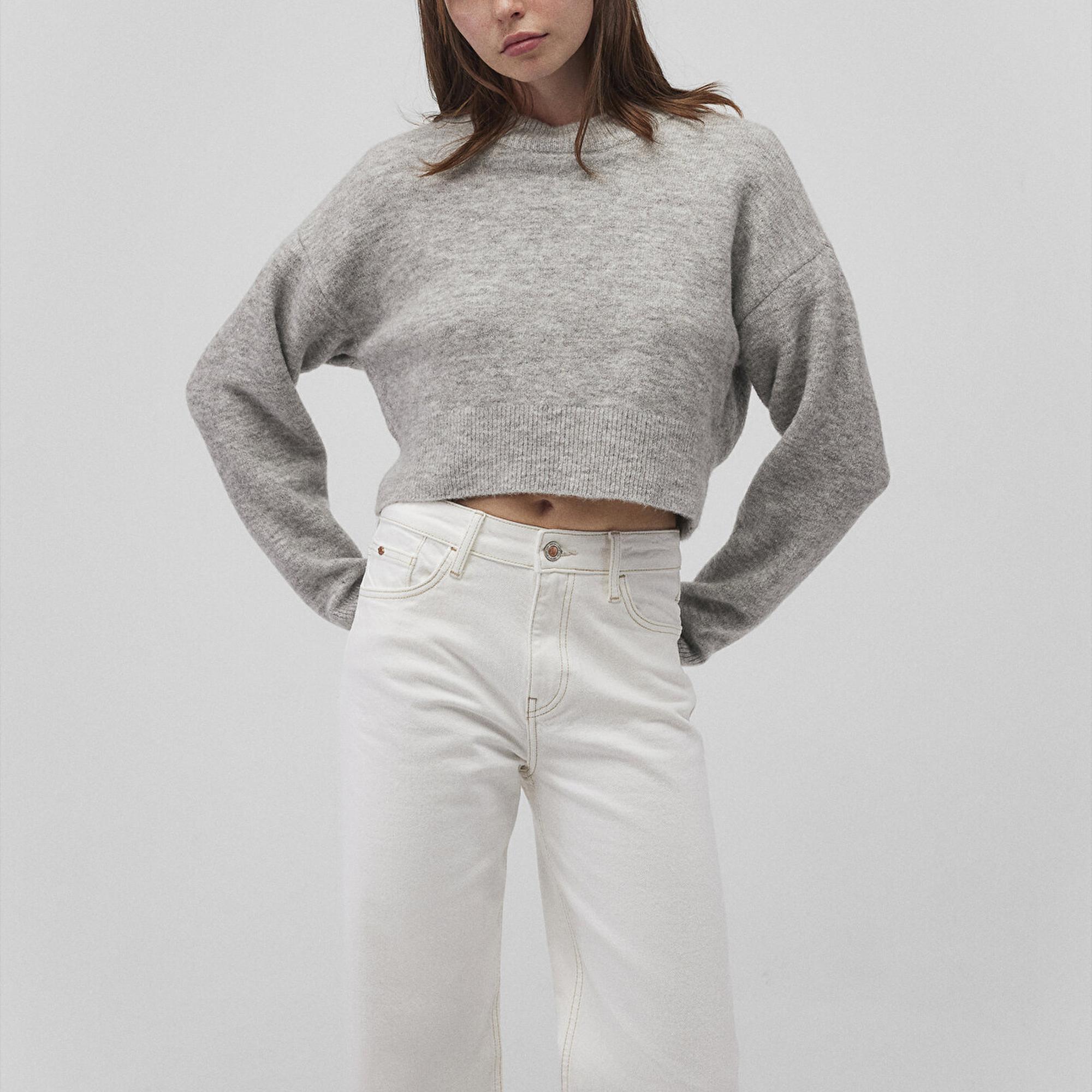 Mavi Bisiklet Yaka Gri Kazak Crop / Kısa Kesim 1710496-83096