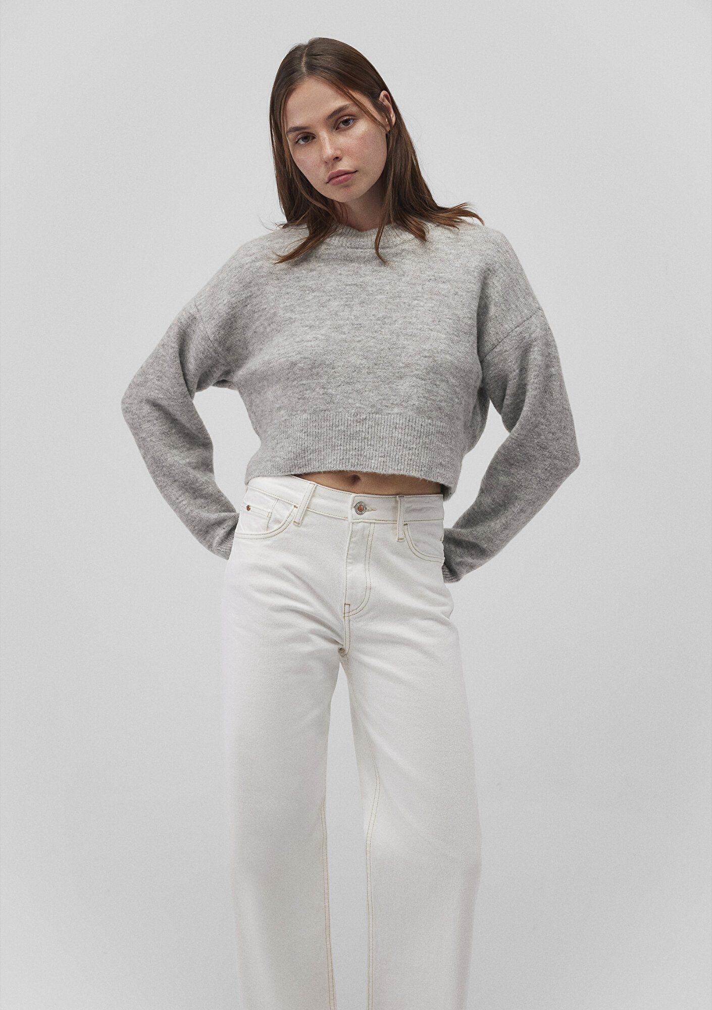  Mavi Bisiklet Yaka Gri Kazak Crop / Kısa Kesim 1710496-83096