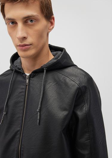  Mavi Kapüşonlu Siyah Suni Deri Ceket Regular Fit / Normal Kesim 0110437-900