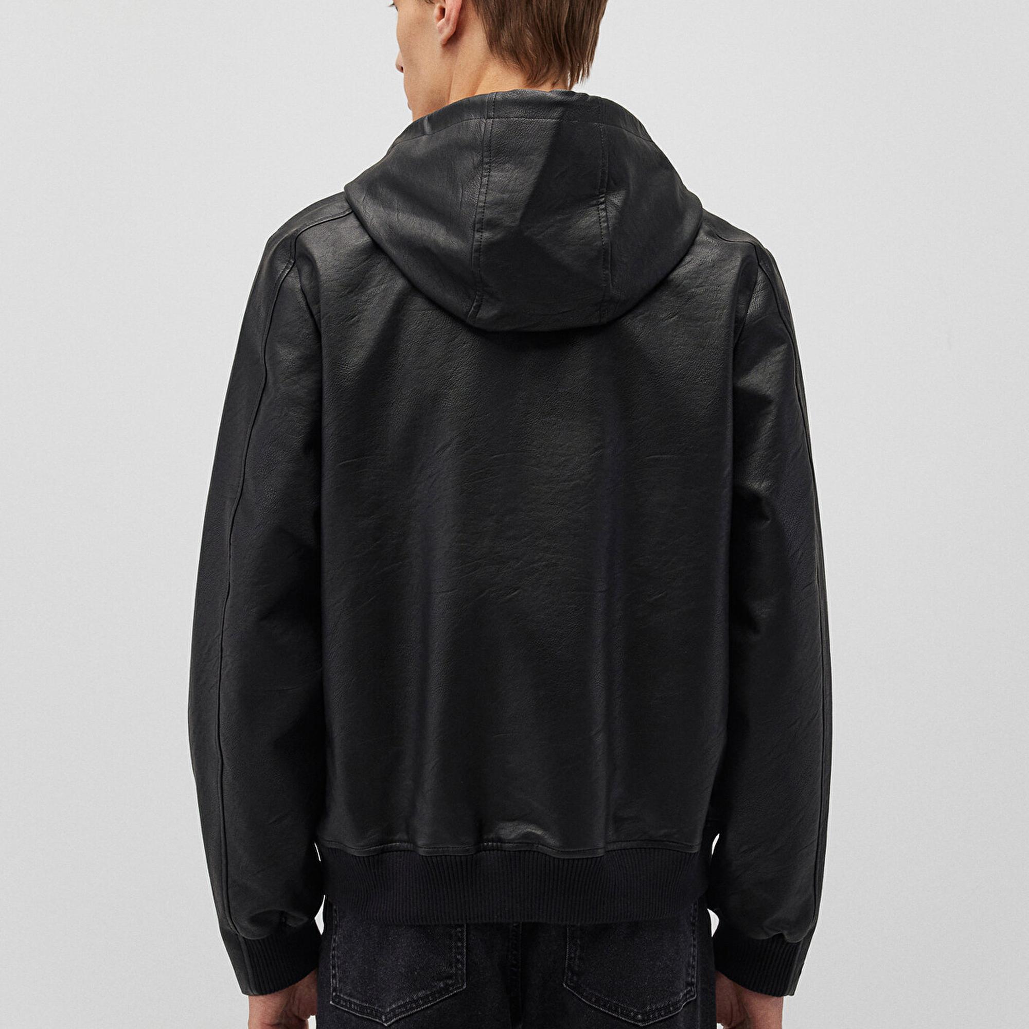 Mavi Kapüşonlu Siyah Suni Deri Ceket Regular Fit / Normal Kesim 0110437-900