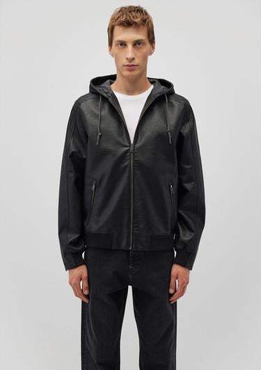 Mavi Kapüşonlu Siyah Suni Deri Ceket Regular Fit / Normal Kesim 0110437-900