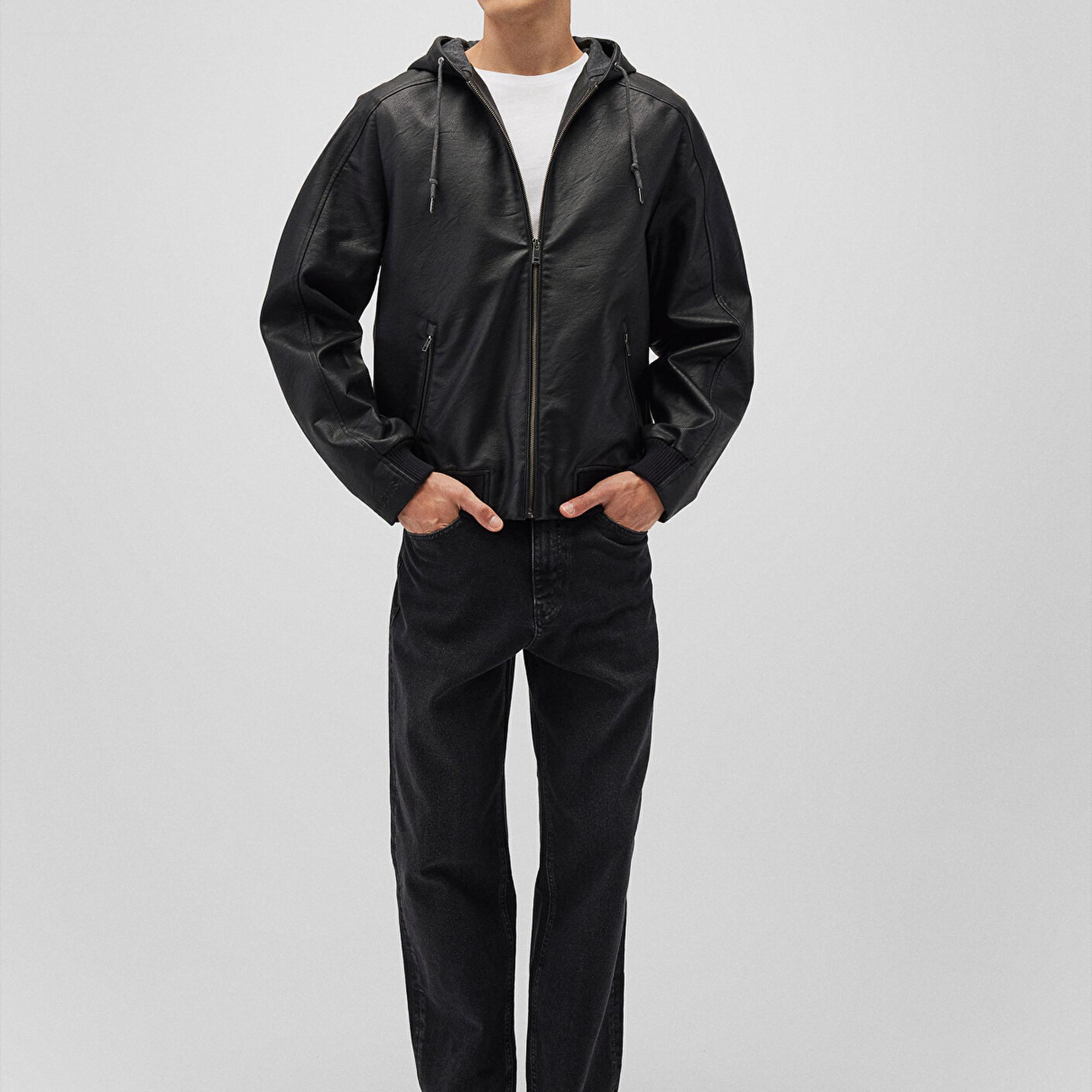 Mavi Kapüşonlu Siyah Suni Deri Ceket Regular Fit / Normal Kesim 0110437-900