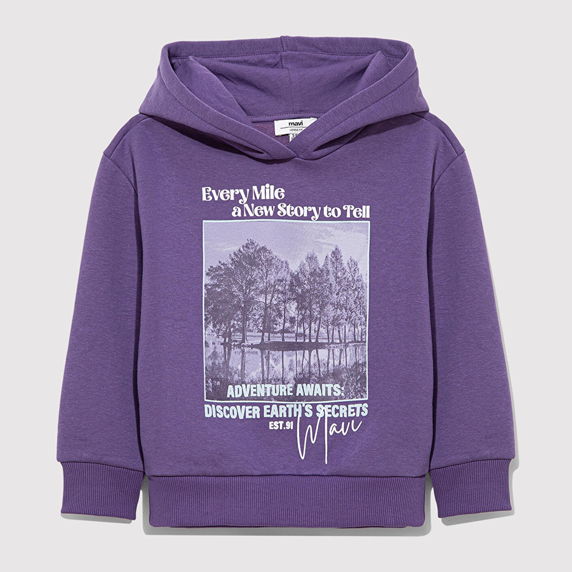 Mavi Kapüşonlu Baskılı Mor Sweatshirt 7S10054-88135