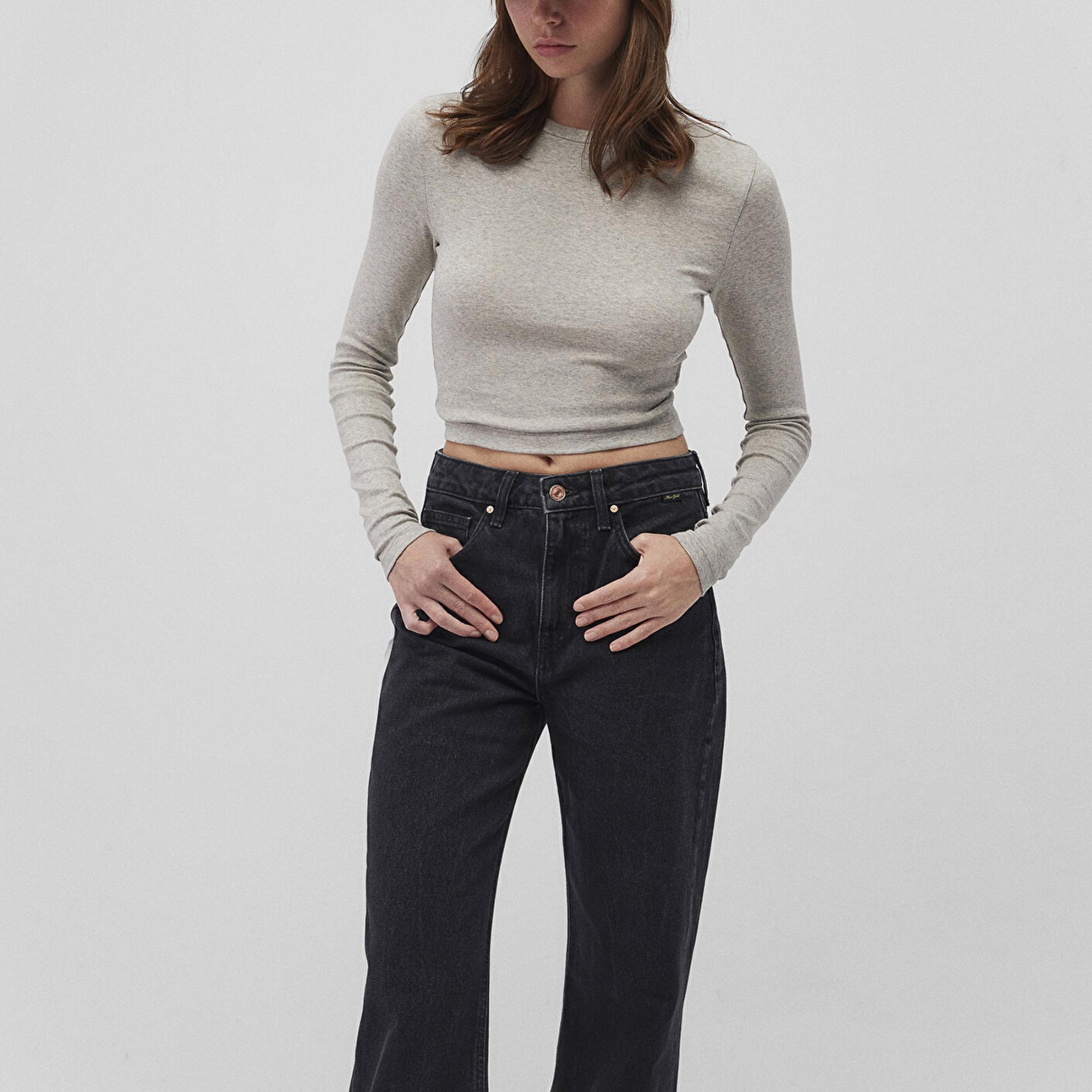 Mavi Uzun Kollu Gri Crop Basic Tişört Crop / Kısa Kesim 1612822-88467