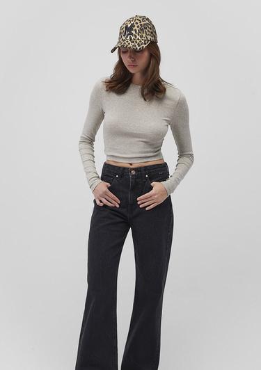  Mavi Uzun Kollu Gri Crop Basic Tişört Crop / Kısa Kesim 1612822-88467