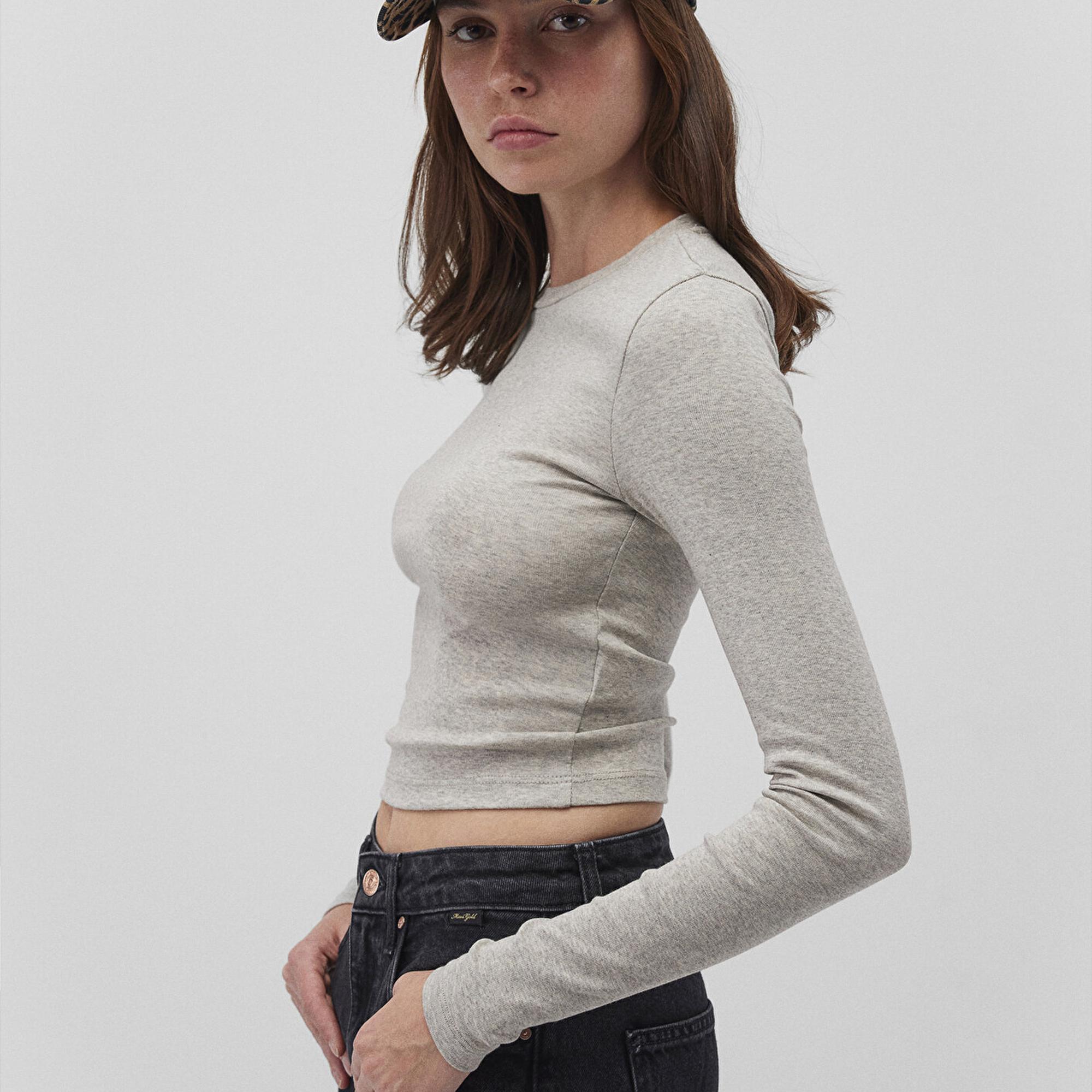 Mavi Uzun Kollu Gri Crop Basic Tişört Crop / Kısa Kesim 1612822-88467