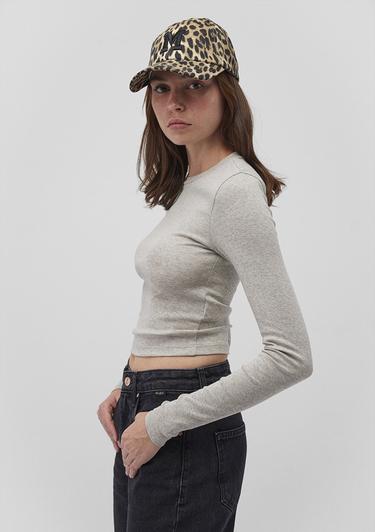  Mavi Uzun Kollu Gri Crop Basic Tişört Crop / Kısa Kesim 1612822-88467